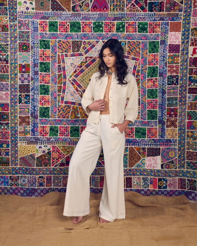 Pantalon ample taille haute écru